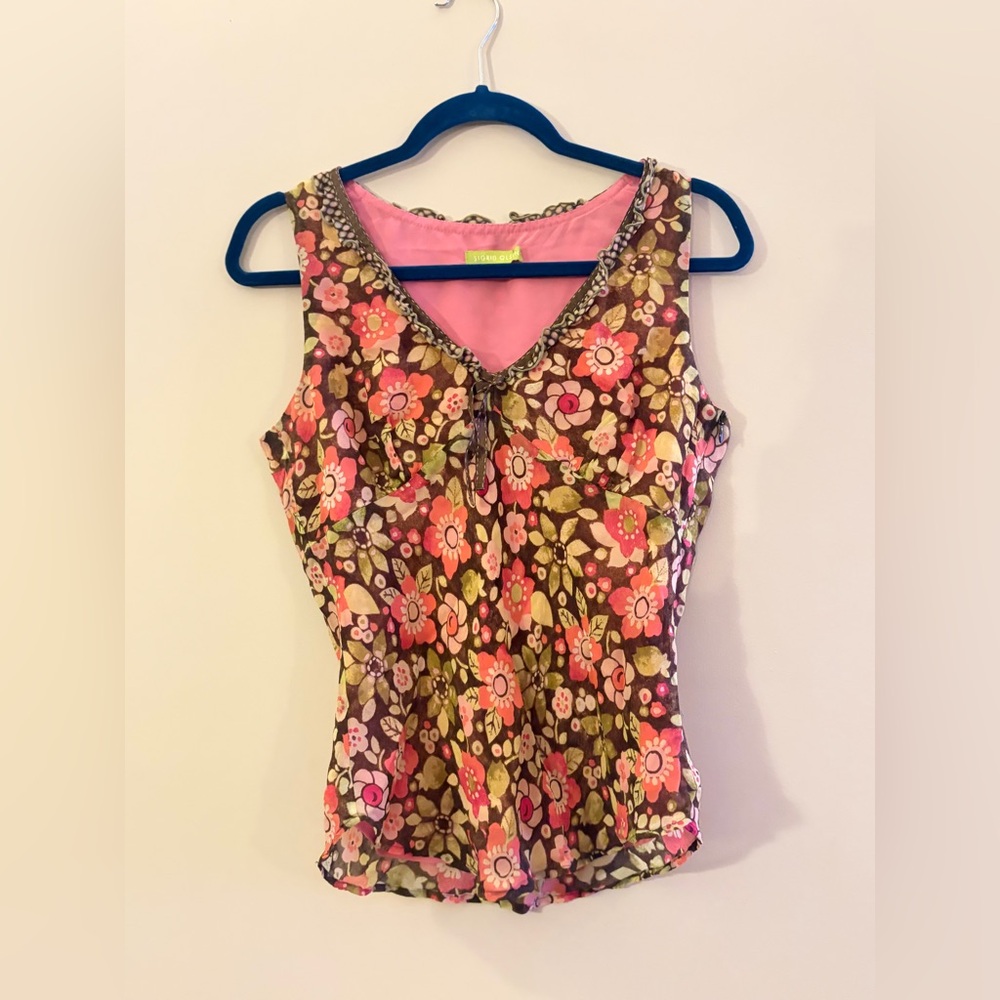 Sigrid Olsen Y2K Pink Green Cottagecore Floral Flower Sleeveless Tank Top Shirt